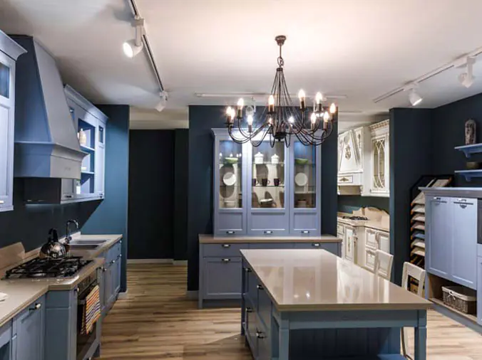 Kitchen with large island and chandelier